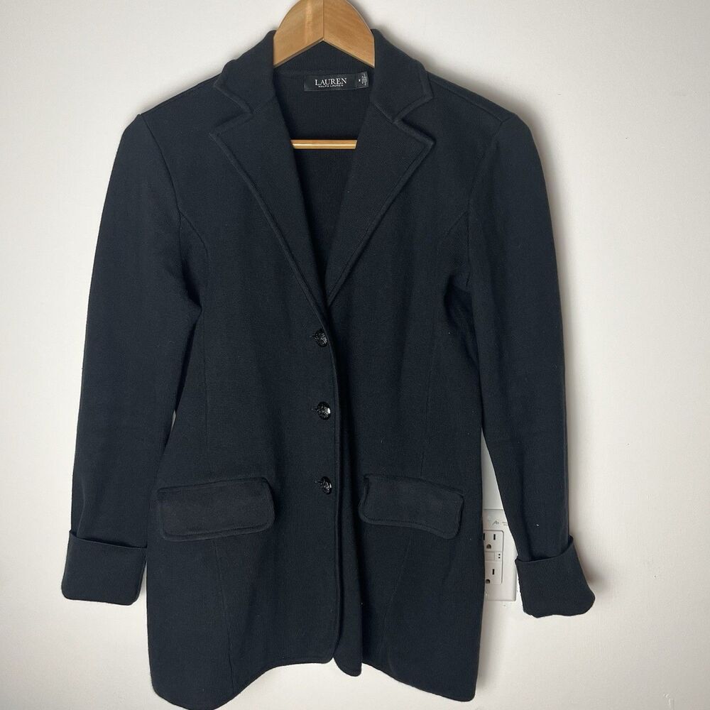 Lauren Ralph Lauren M Knit Blazer Jacket Black Crest Buttons Notch Collar 186​